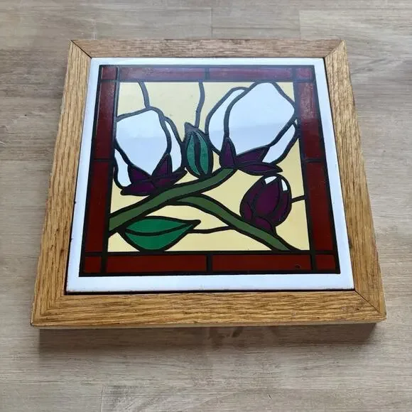 Oakwood Accents MCM Ceramic Tile Wall Art Faux Roses Oak Framed Vintage - Picture 2 of 8